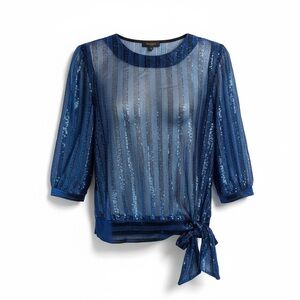 VTG 80s Metallic Blue Sheer Disco Glam Party Clubwear Costume Dynasty Top L